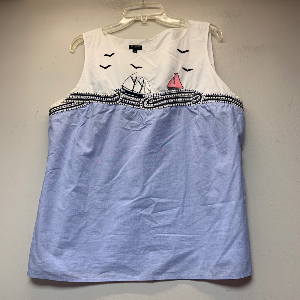 Talbots Sleeveless Top Womens XL Petite Blue White Excellent Nautical Sailboat